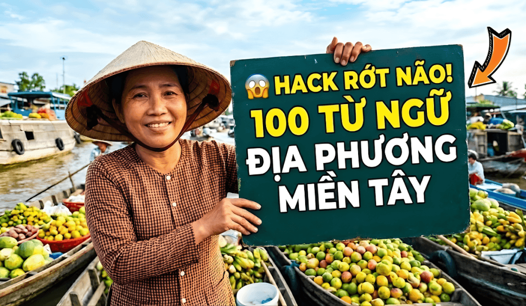 Người phụ nữ miền Tây mặc áo bà ba cười tươi, cầm bảng "Hack Rớt Não 100 Từ Ngữ Địa Phương Miền Tây" ngồi trên ghe xuồng sông nước.